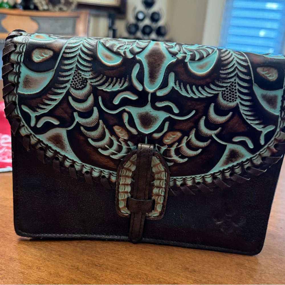 Patricia Nash Teal and Brown Leather Clutch